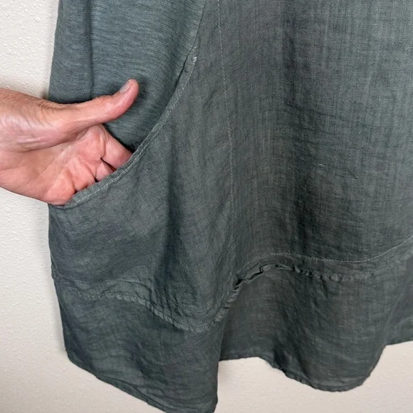 Cut Loose Linen Asym Tunic Dress M Sage Green Sleeveless Pocket Tiered Lagenlook - Picture 9 of 17